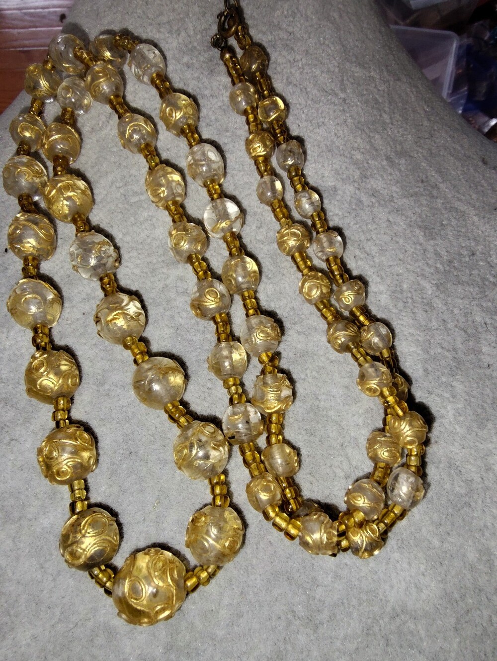 Venetian Gold Foil Glass Graduated Bead Necklace 30" Circa 1930s-40s